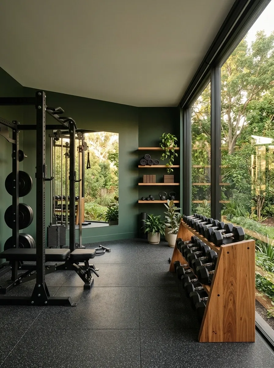 Forest Green Weight Room With Natural Wood
