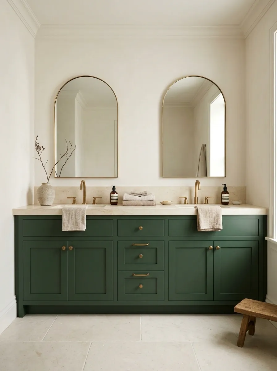 Forest Green Western Bathroom With Brass and Limestone