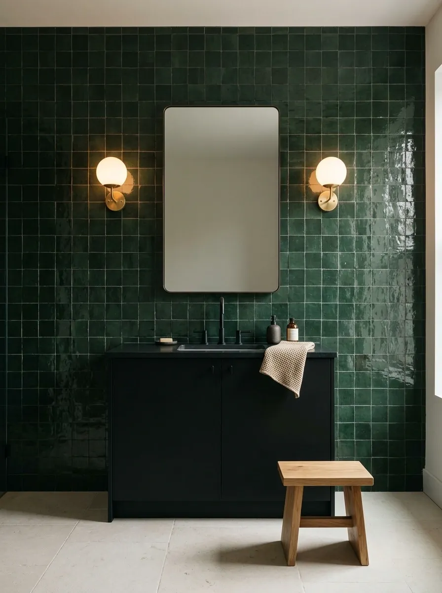 Forest Green Zellige Bathroom With Matte Black Fixtures