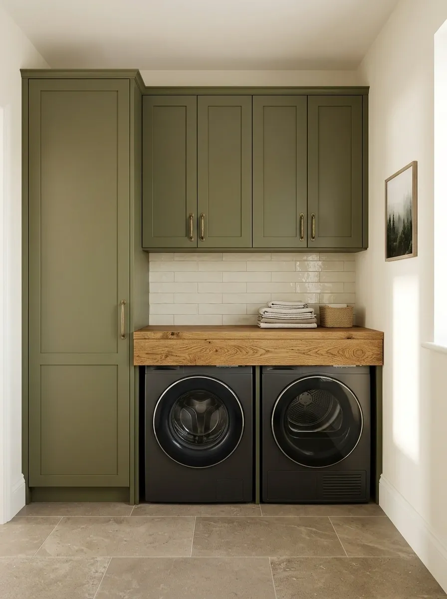 Forest-Inspired Laundry With Olive Cabinets and a Timber Folding Surface