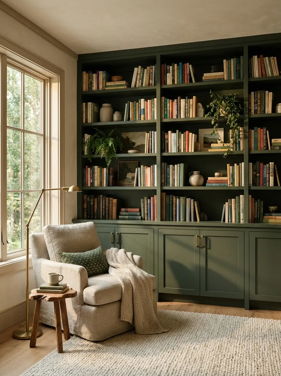 Forest Library With a Window Chair and Deep Green Shelves