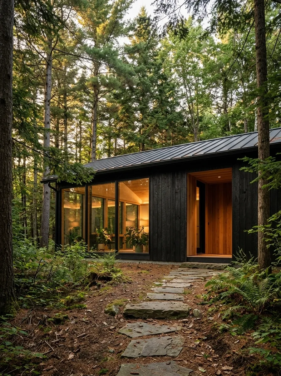 Forest Modern Cabin With Blackened Timber and Wide Glazing