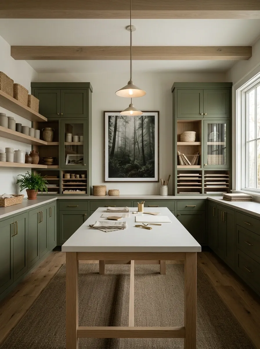 Forest-Toned Craft Room With a Central Table and Closed Material Storage