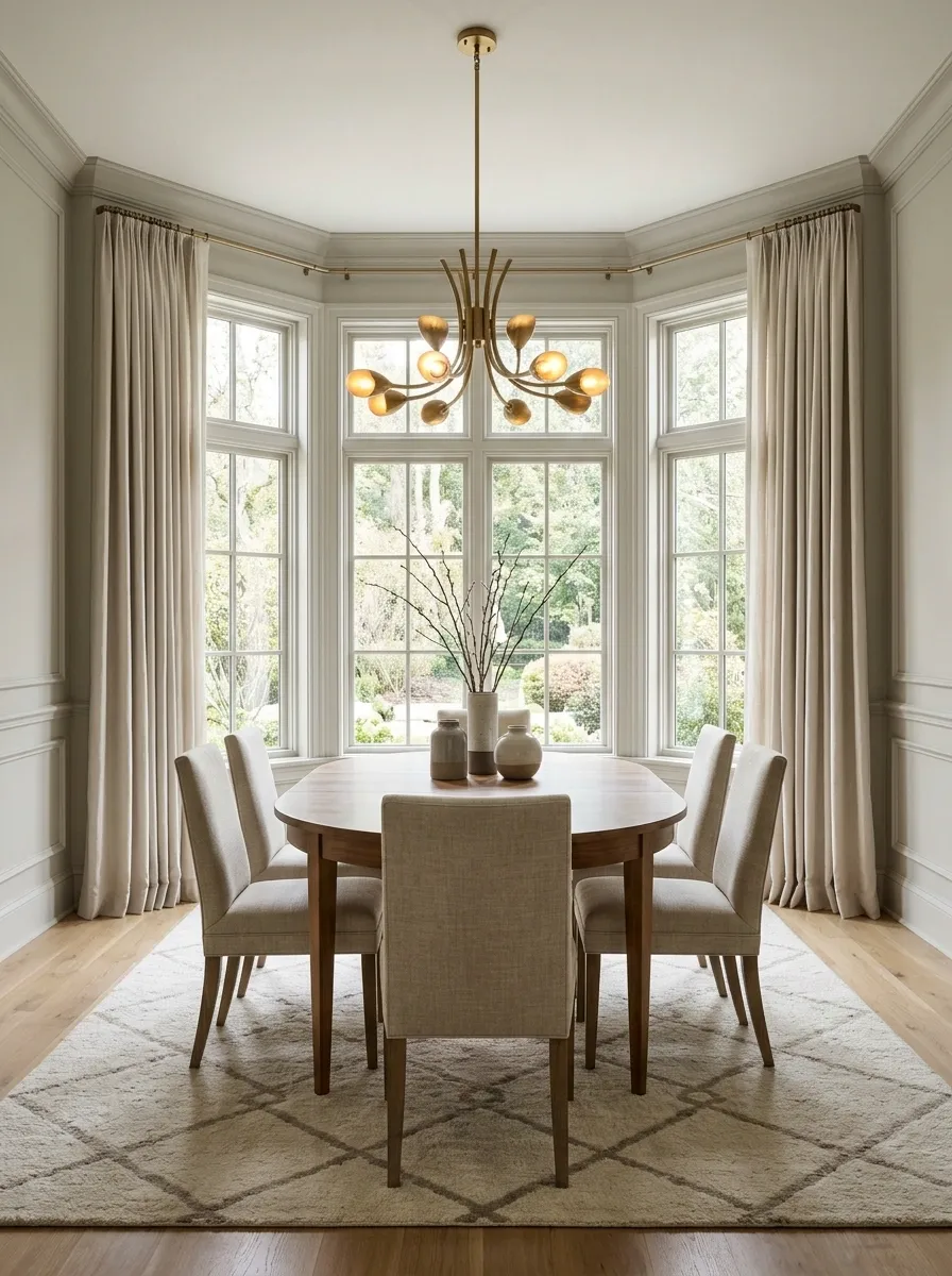Formal Dining Room With an Oval Table Centered in the Bay
