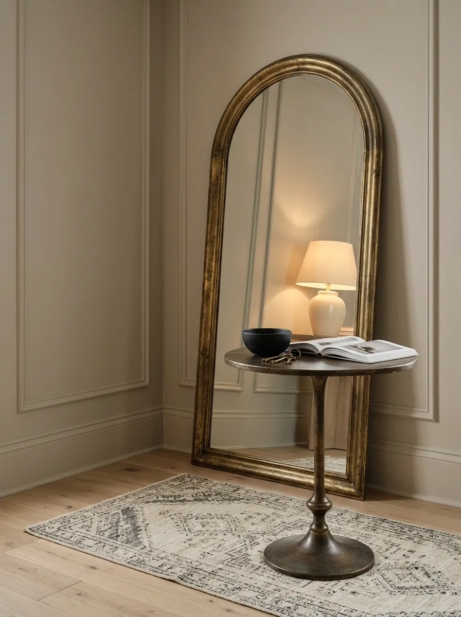 Formal Foyer Corner With a Pedestal Table and a Tall Mirror