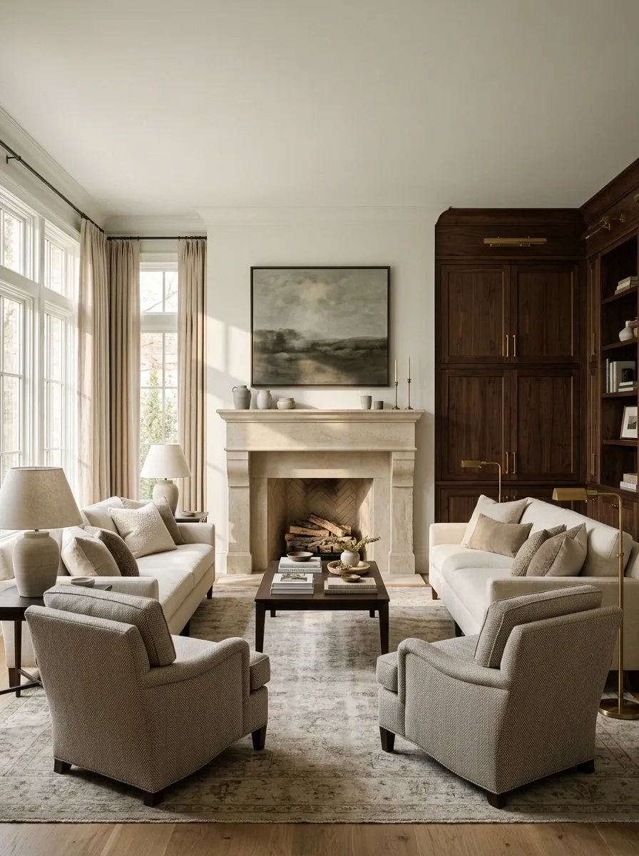 Formal Living Room With the TV Concealed in Cabinetry