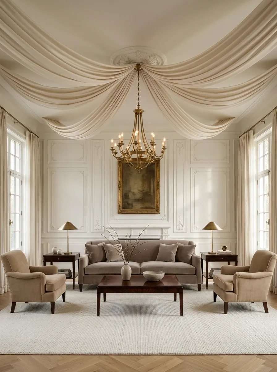 Formal Sitting Room With Symmetrical Ceiling Draping