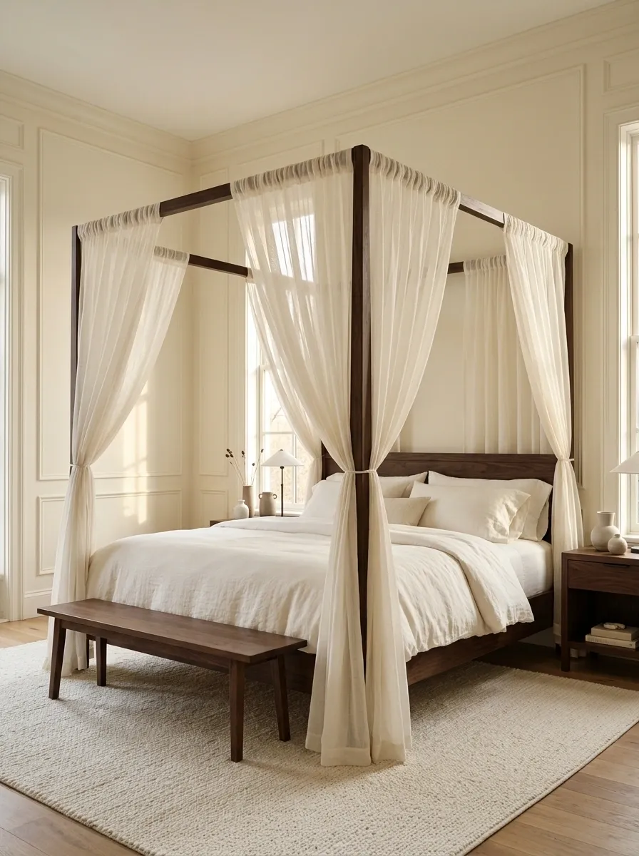 Four-Poster Bedroom With Chocolate Wood and Sheer Canopy Curtains