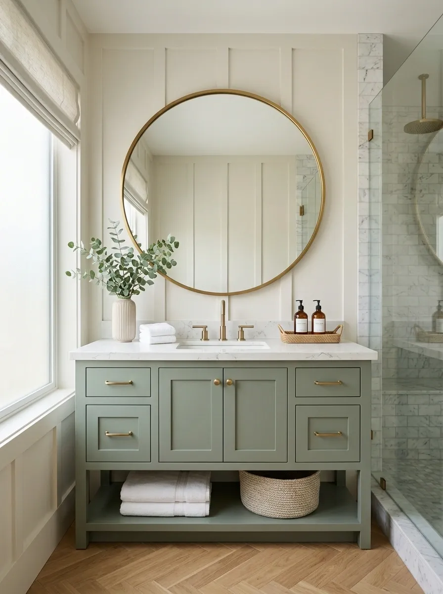 Frame a Sage Vanity With a Large Round Mirror