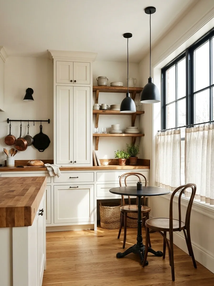 French Bistro Kitchen With Black Details and Warm Wood