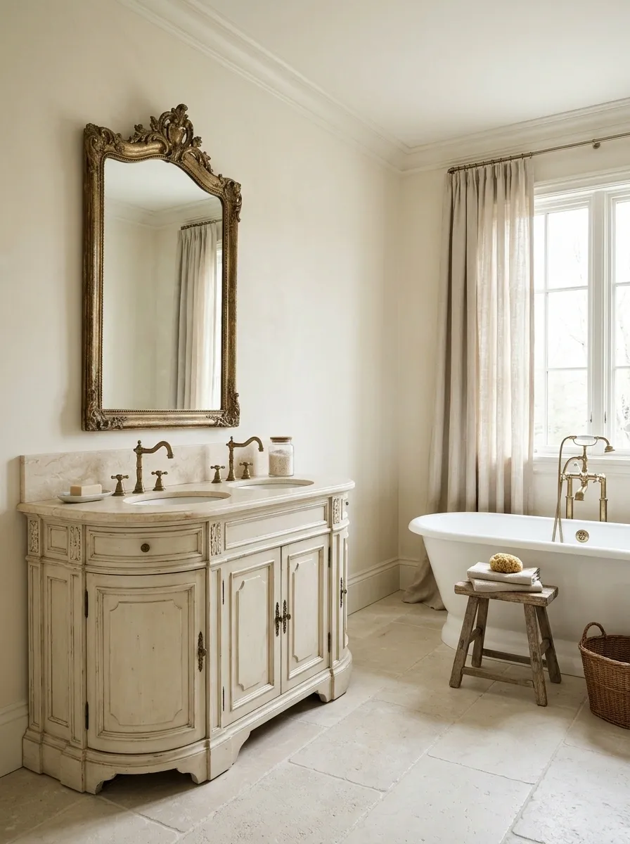 French Country Bathroom With Limestone and an Antique Vanity