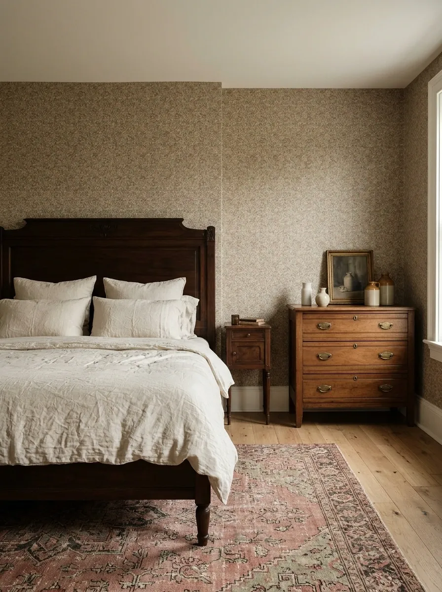 French Country Bedroom With Antique Brown Furniture and Floral Wallpaper