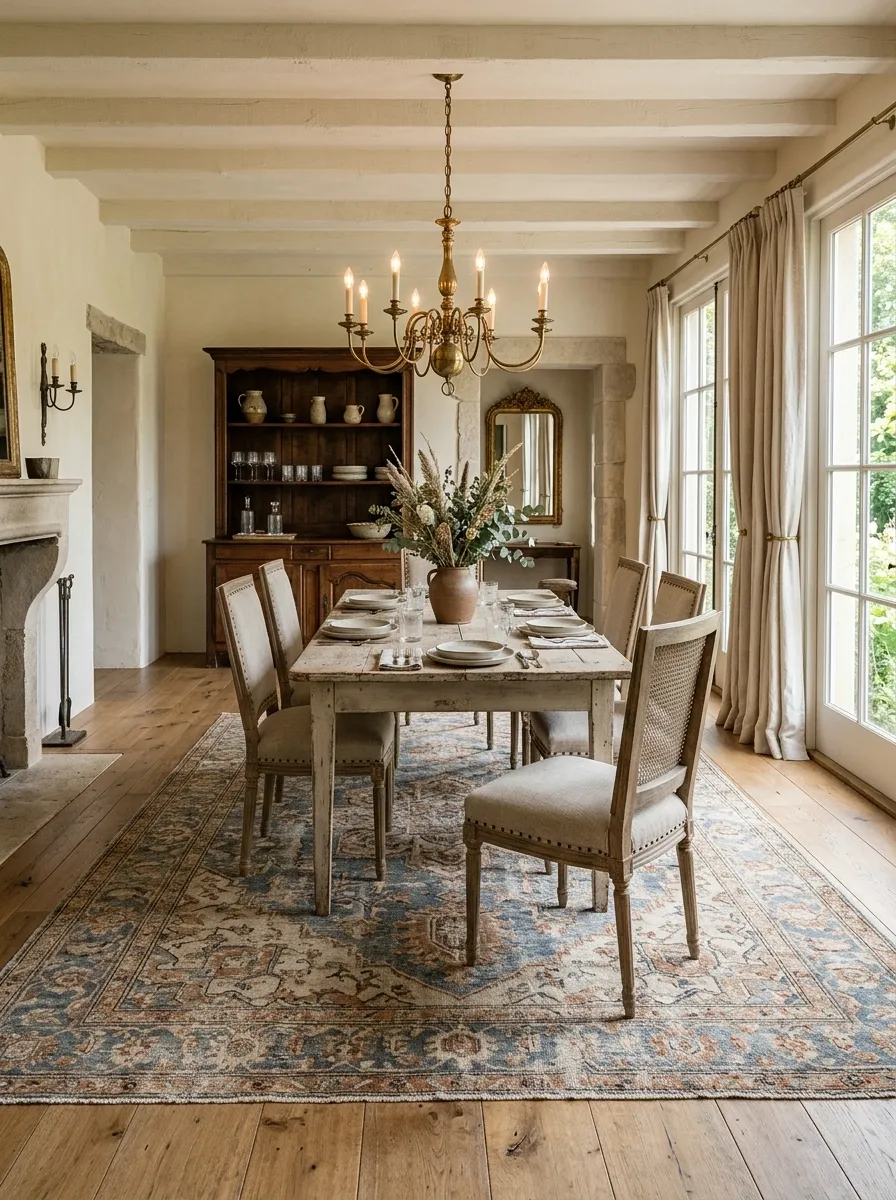 French Country Dining Room With a Faded Medallion Rug