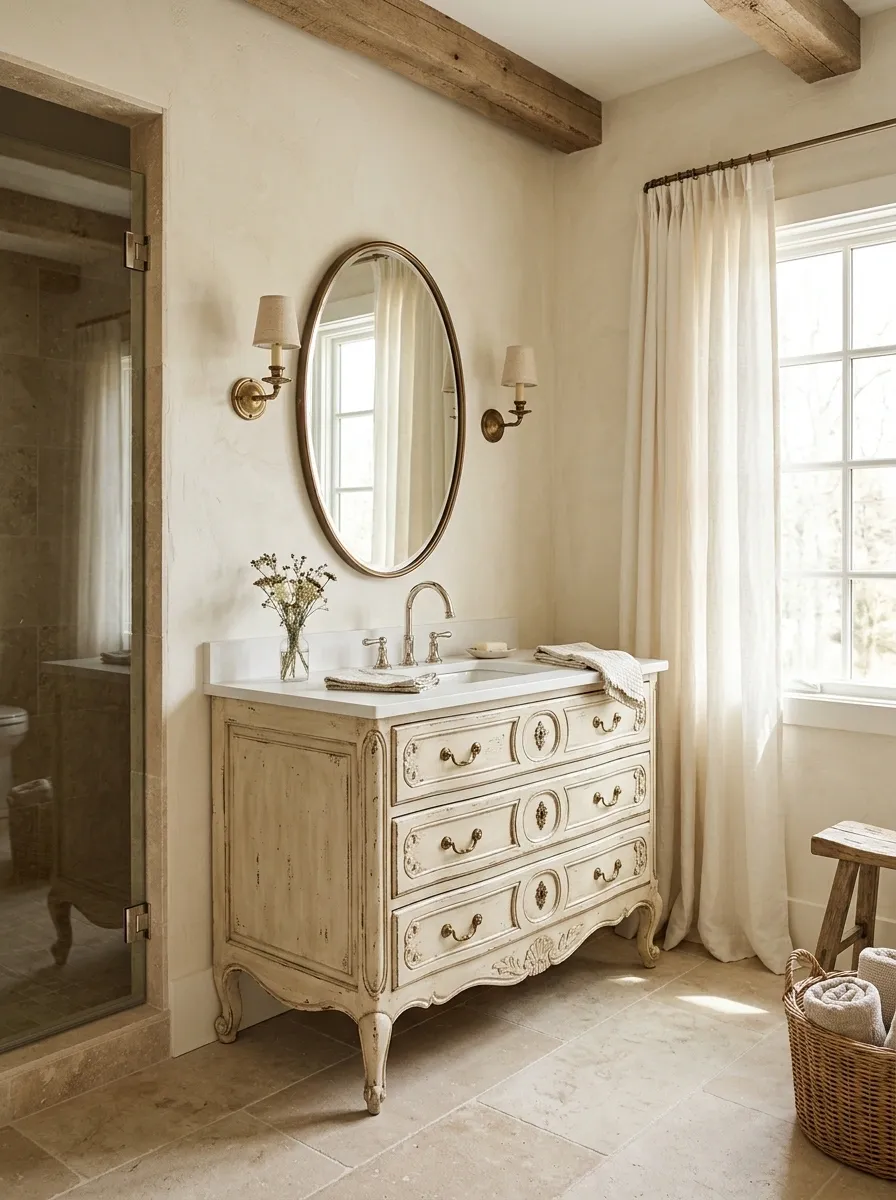 French Country Farmhouse Bathroom With a Carved Vintage Vanity