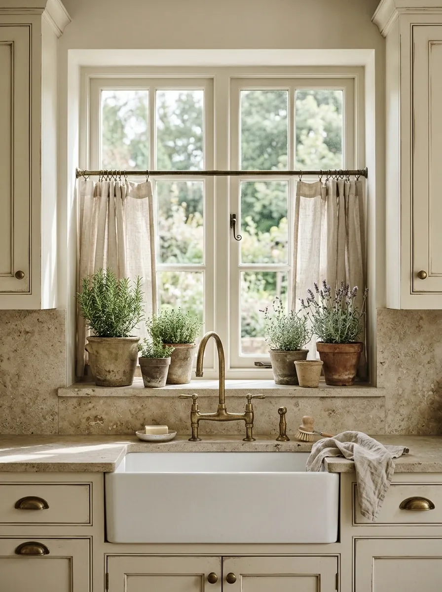 French Country Kitchen With Lavender and Natural Stone