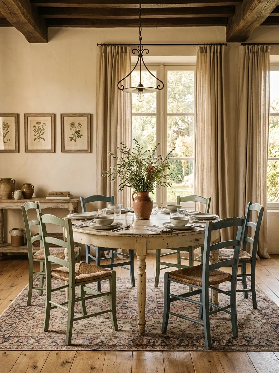 French Country Round Table With Painted Chairs and Soft Linen