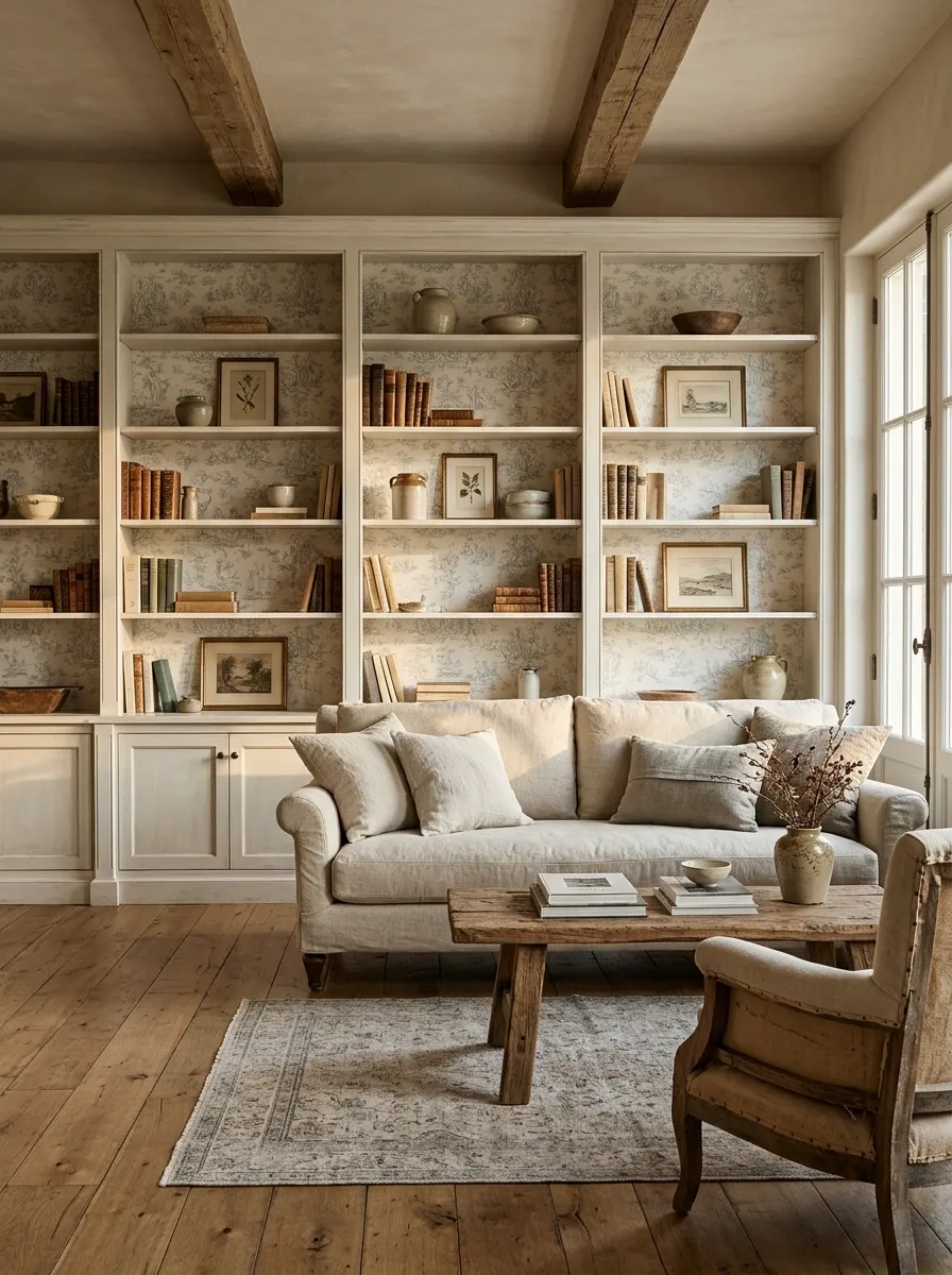 French Country Shelves With Pale Toile Wallpaper and Limestone Tones
