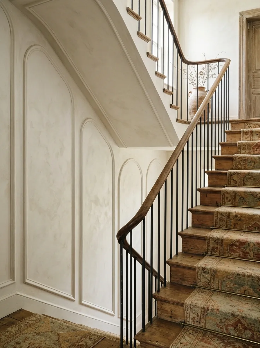 French Country Staircase With Arched Panel Moulding
