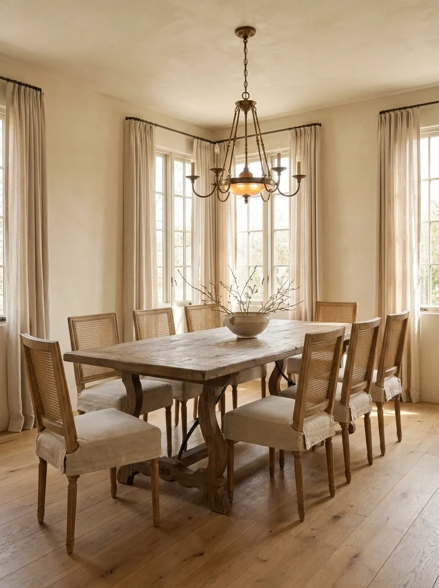 French Farmhouse Dining Room With Aged Plaster and Cane Seating