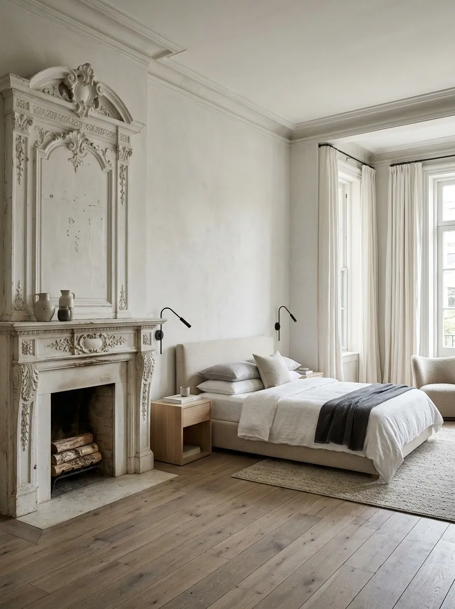 French-Inspired Bedroom With Ornate Fireplace and Contemporary Furniture