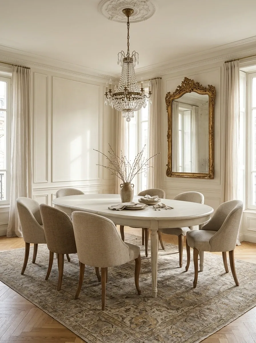 French-Inspired Dining Room With Curved Chairs and Antique Details