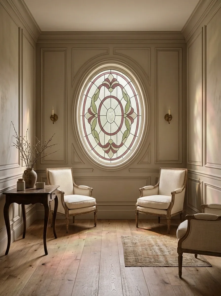 French Provincial Sitting Room With an Oval Medallion Window
