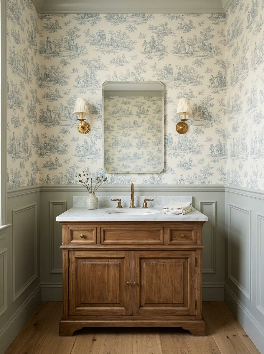 French Toile Wallpaper With Painted Paneling