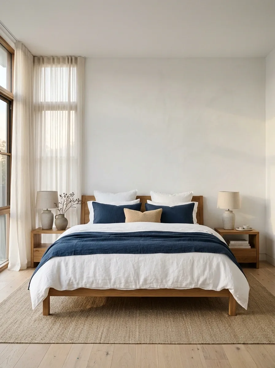 Fresh Coastal Bedroom With Chalk White, Navy, and Natural Timber