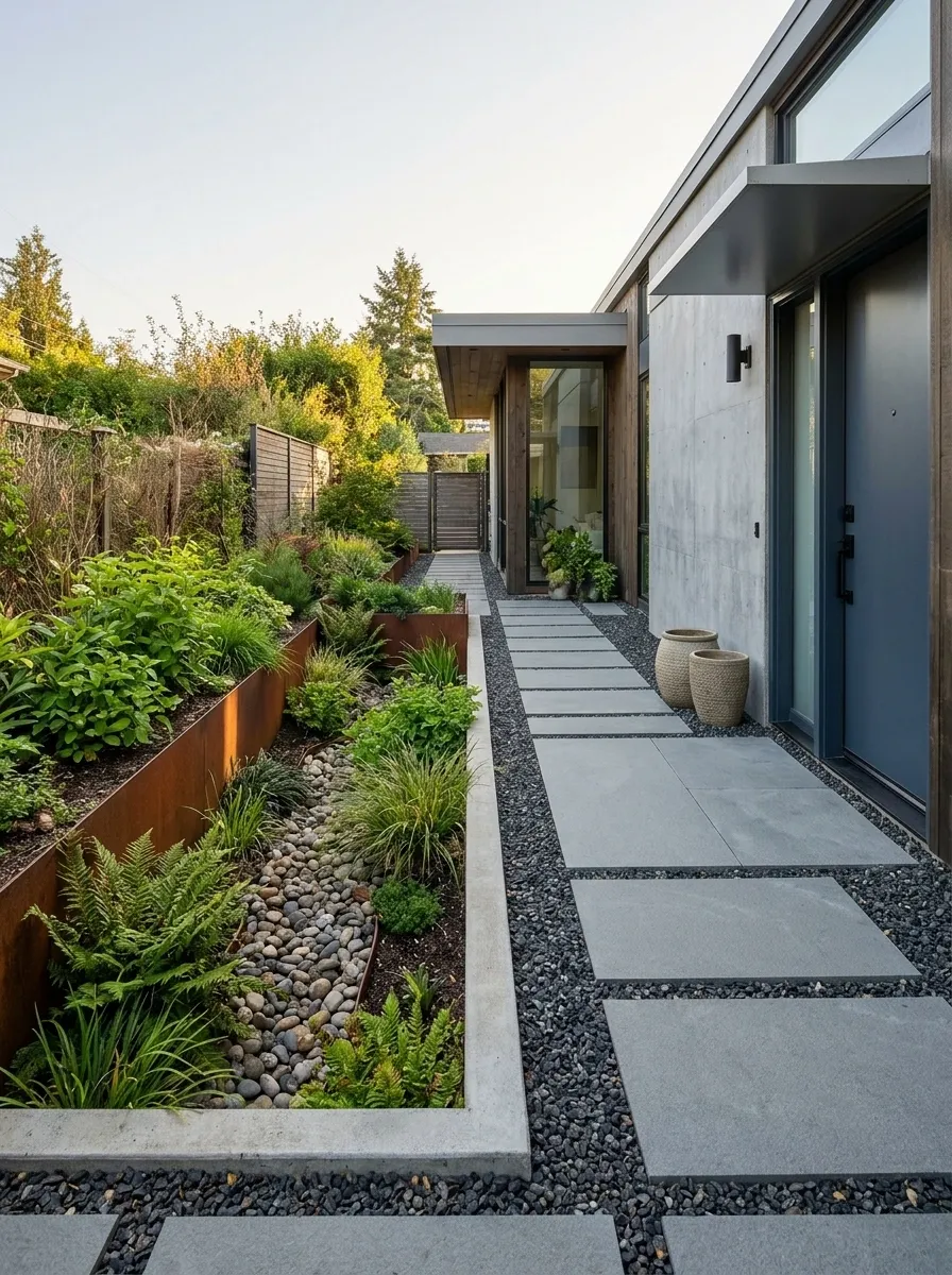 Front Garden With a Rainwater Planter and an Uncluttered Path
