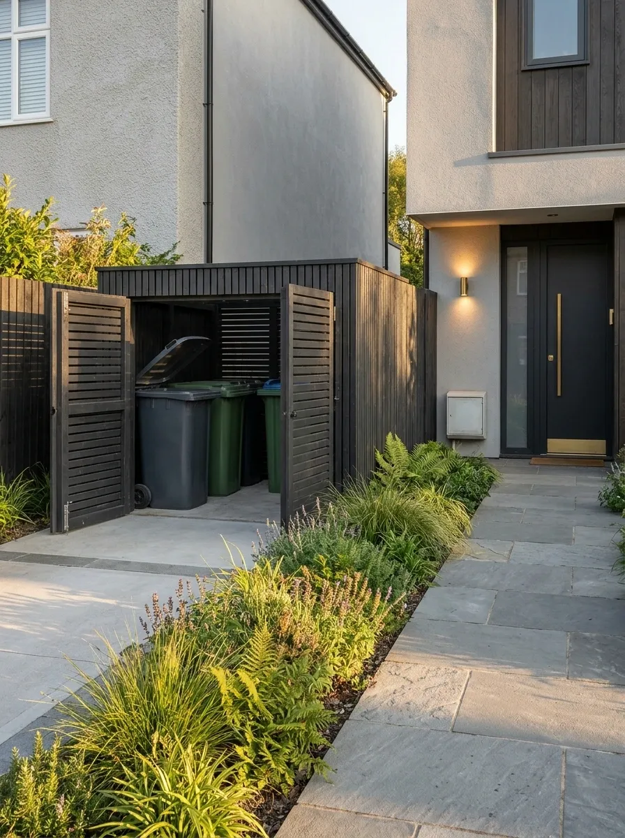 Front Garden With Concealed Bins and a Continuous Planting Strip