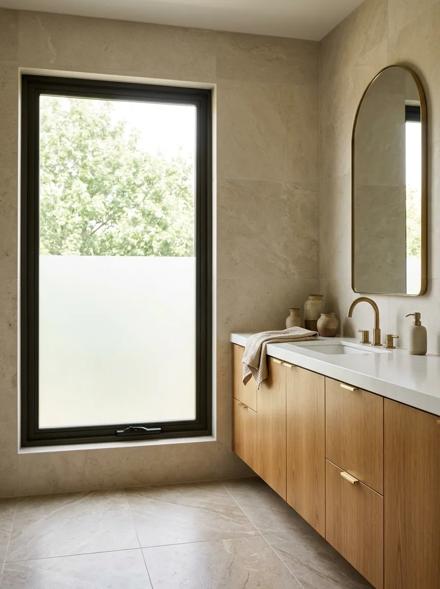 Frosted Privacy Film in a Warm Contemporary Bathroom