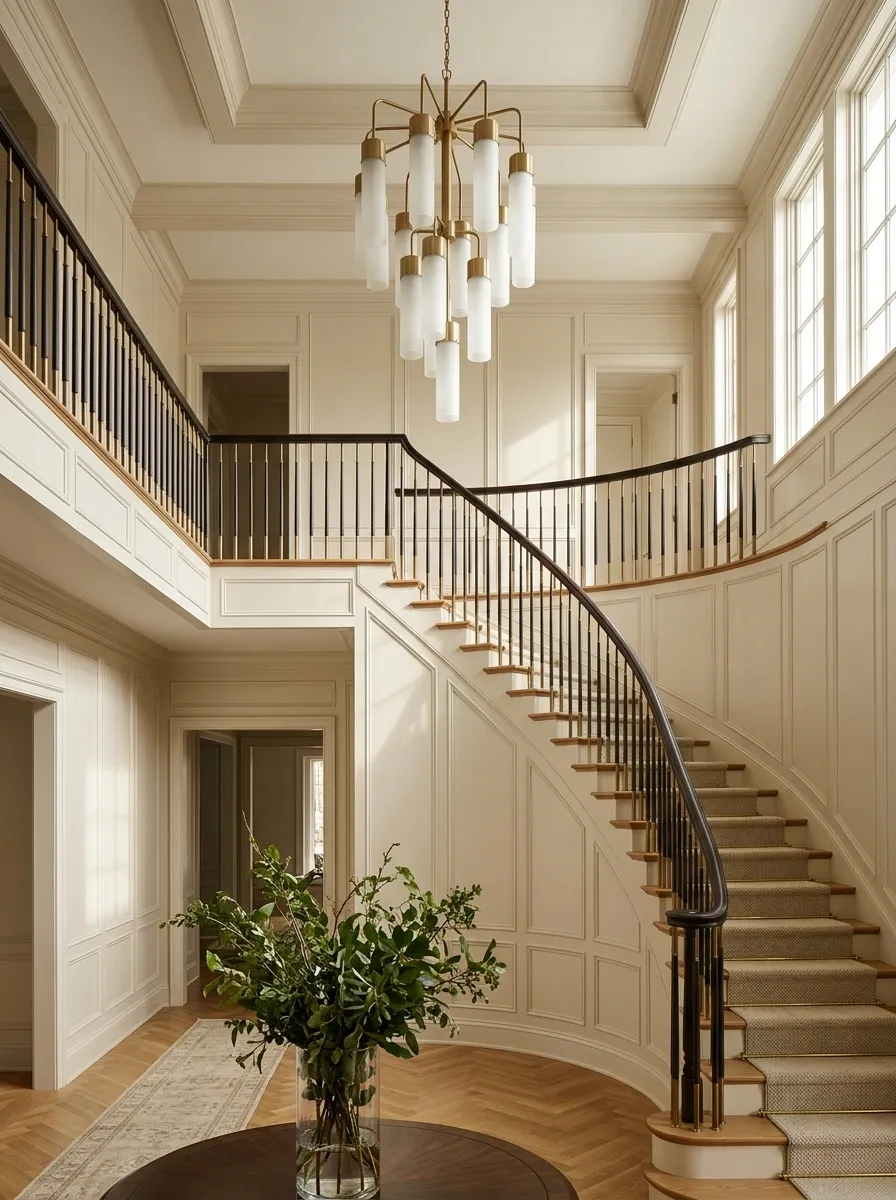 Full-Height Paneled Staircase With a Dramatic Chandelier
