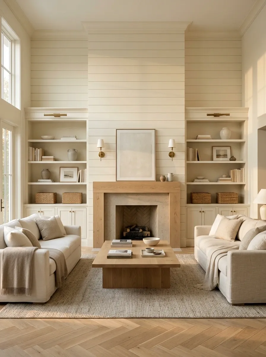 Full Shiplap Fireplace Wall With Built-In Bookcases