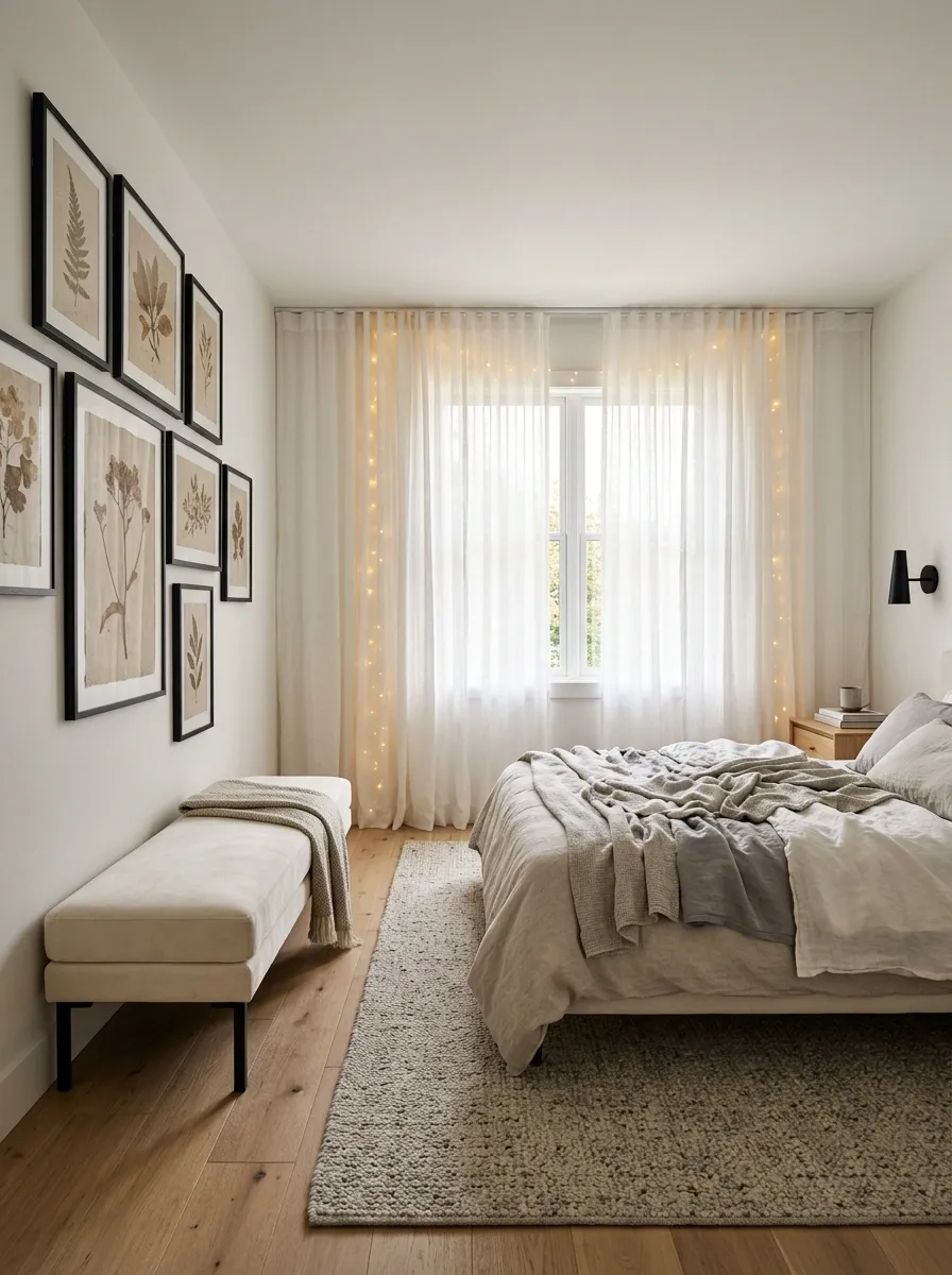 Gallery Bedroom With Art, Bench, and Curtain Lights