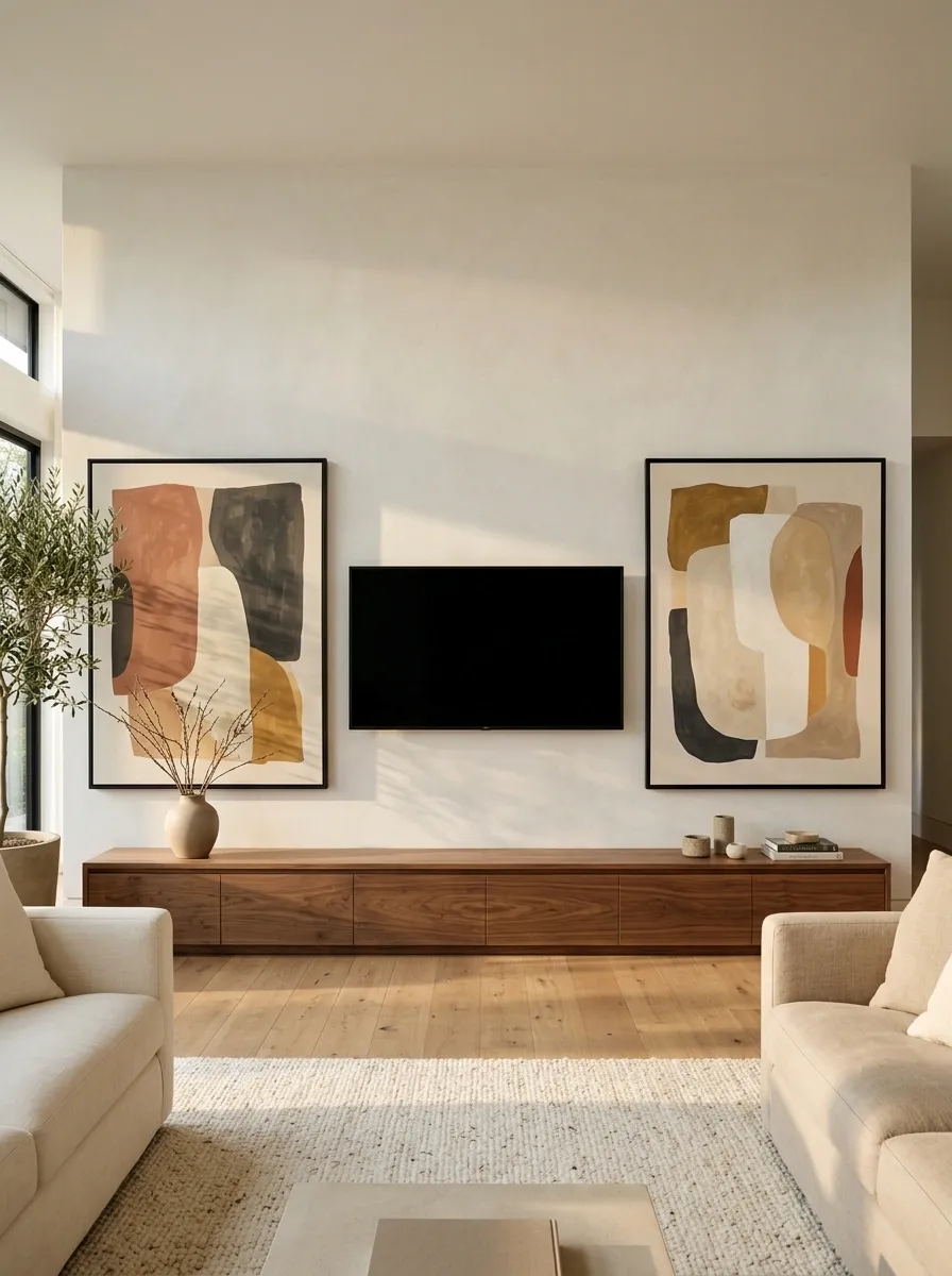 Gallery-Led TV Wall With Large-Scale Abstract Art
