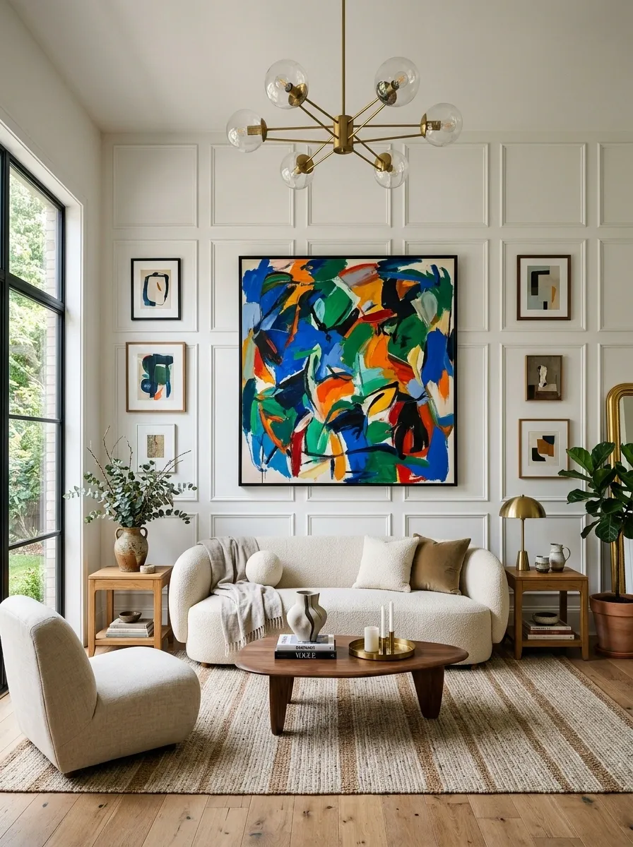 Gallery-Style White Paneling in a Contemporary Eclectic Room