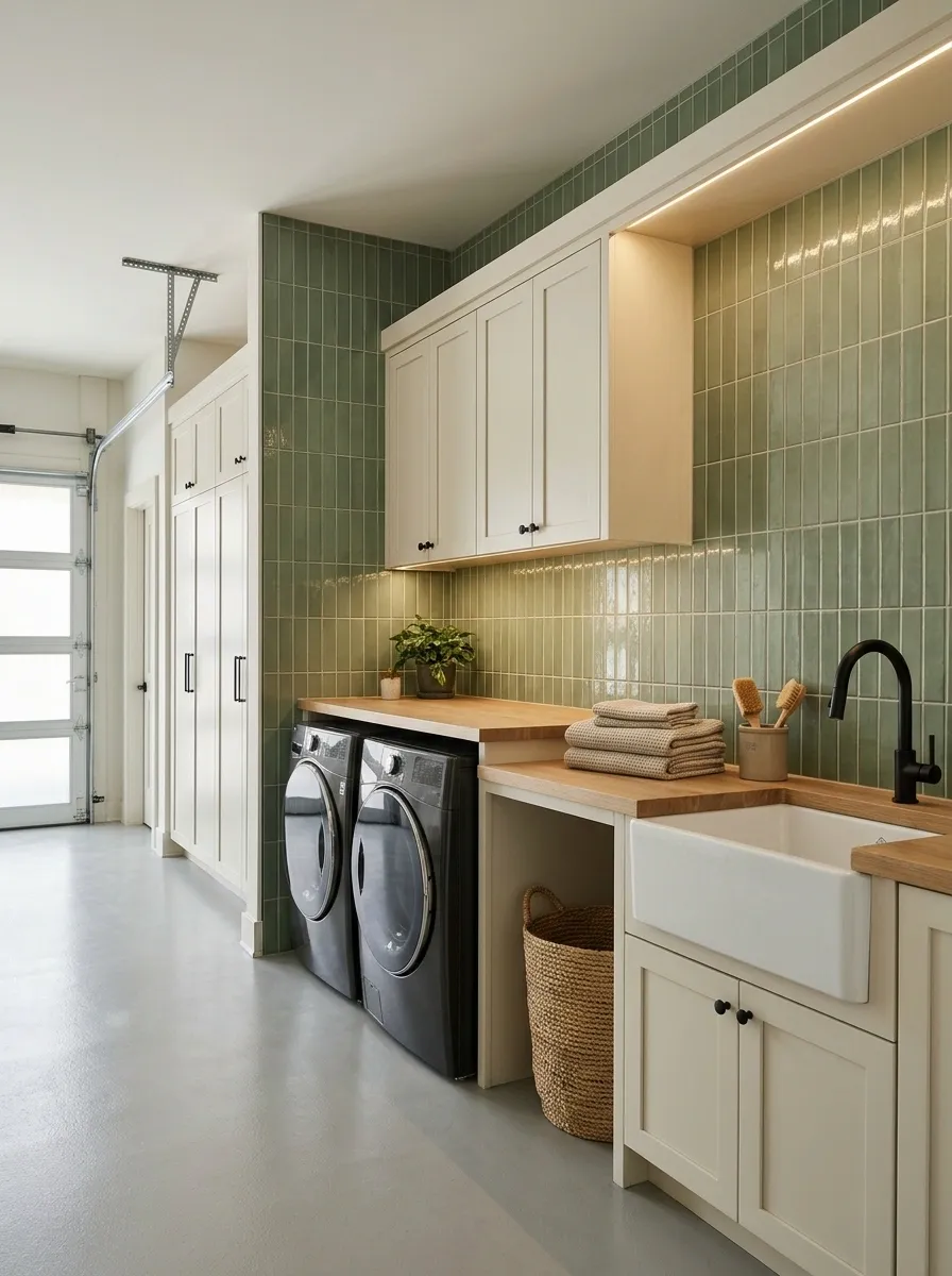 Garage Laundry With a Tiled Back Wall and Separate Utility Sink