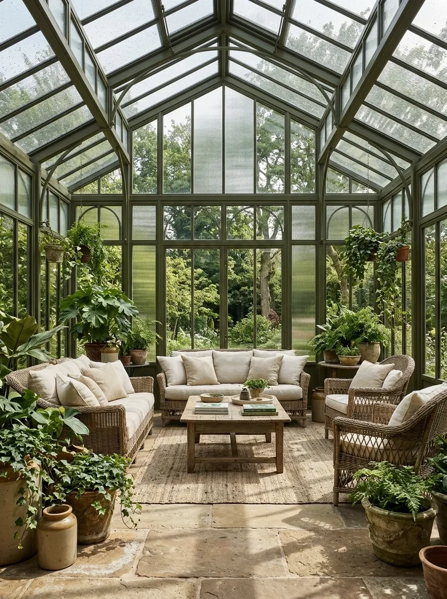 Garden Conservatory With Textured Glass and Green Borders
