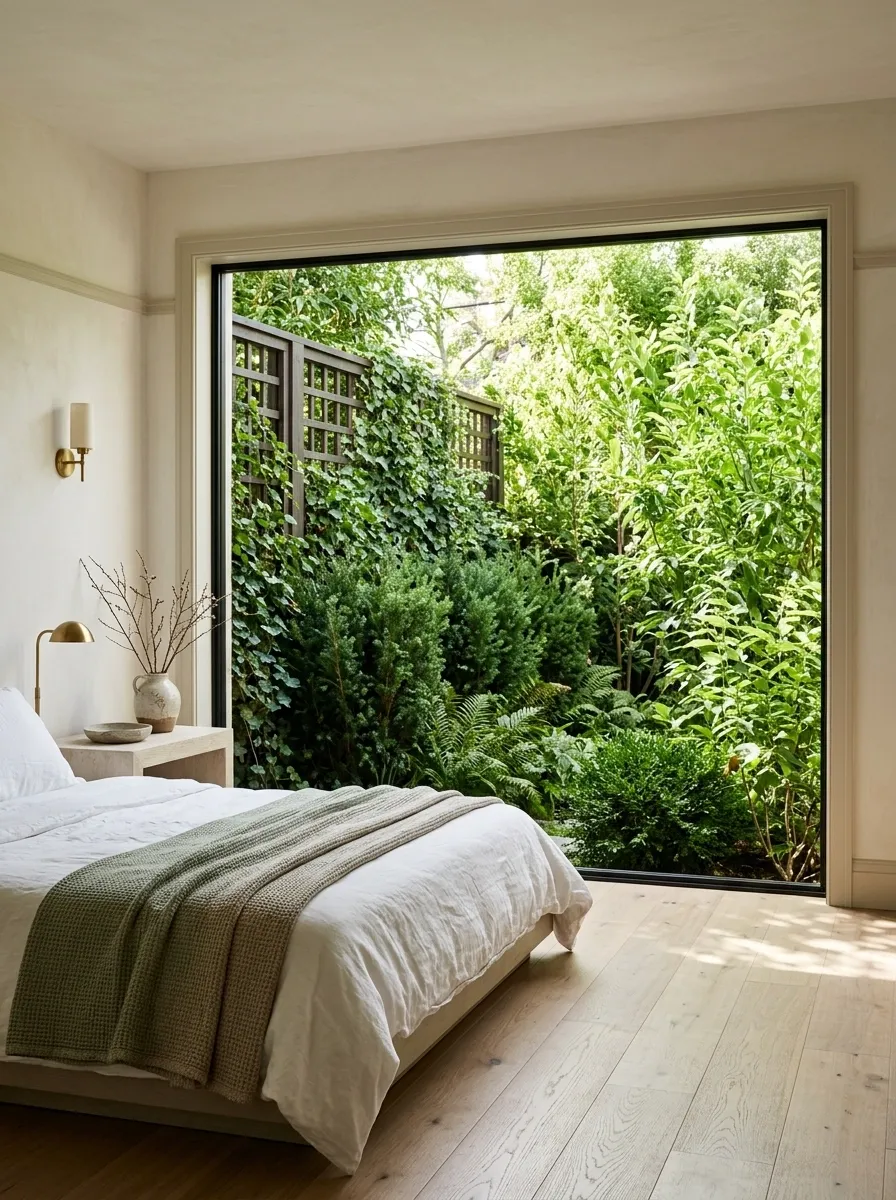 Garden-Facing Bedroom With Layered Outdoor Privacy Planting
