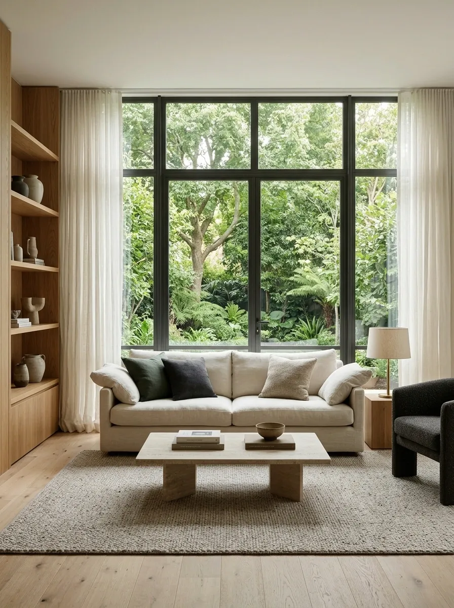 Garden-Facing Sitting Room With Dark Window Frames and Quiet Seating