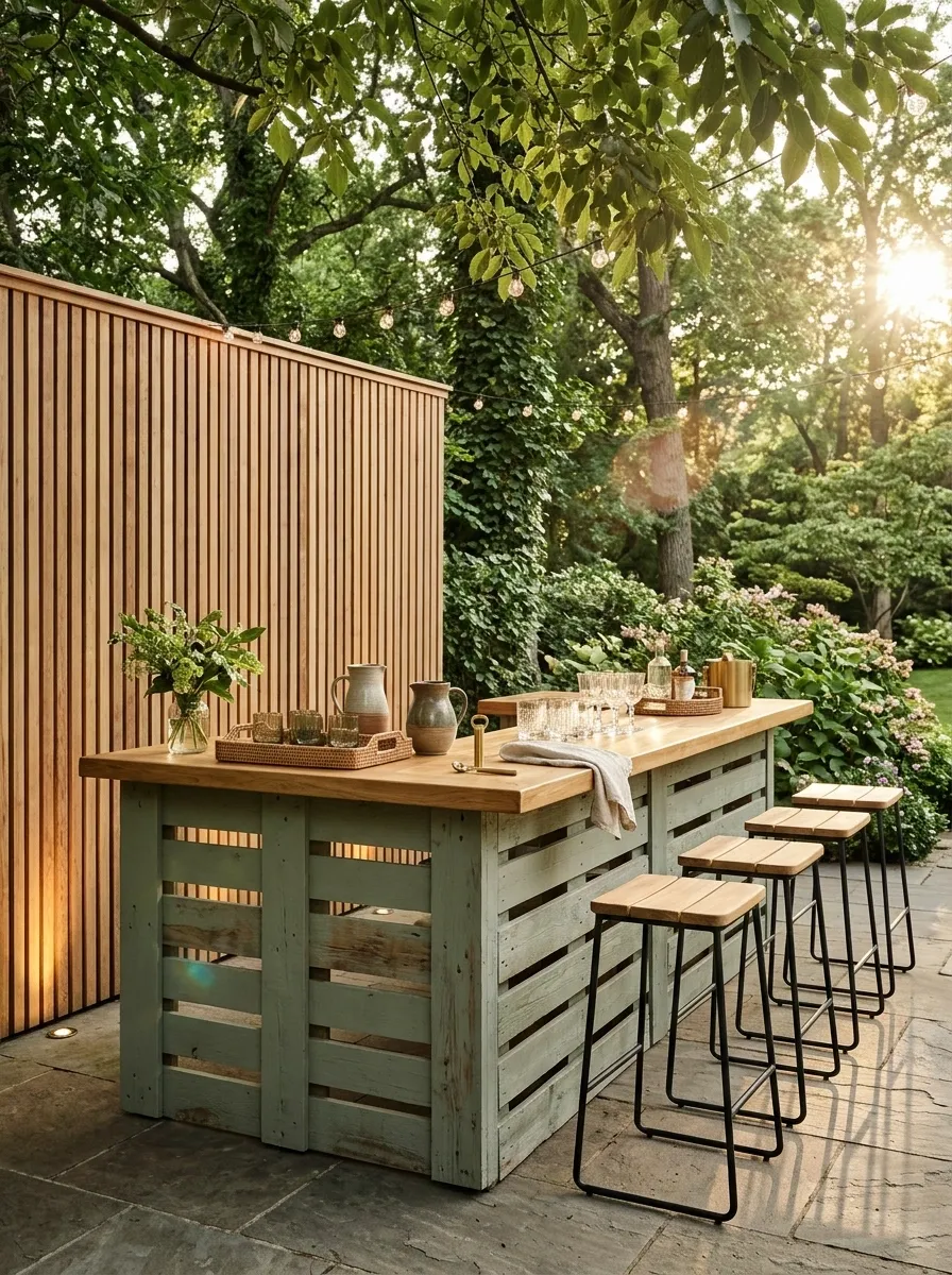 Garden Party Corner With a Pallet Bar and Slatted Backdrop