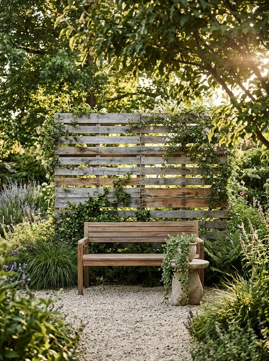 Garden Retreat With a Pallet-Clad Screen and Freestanding Bench