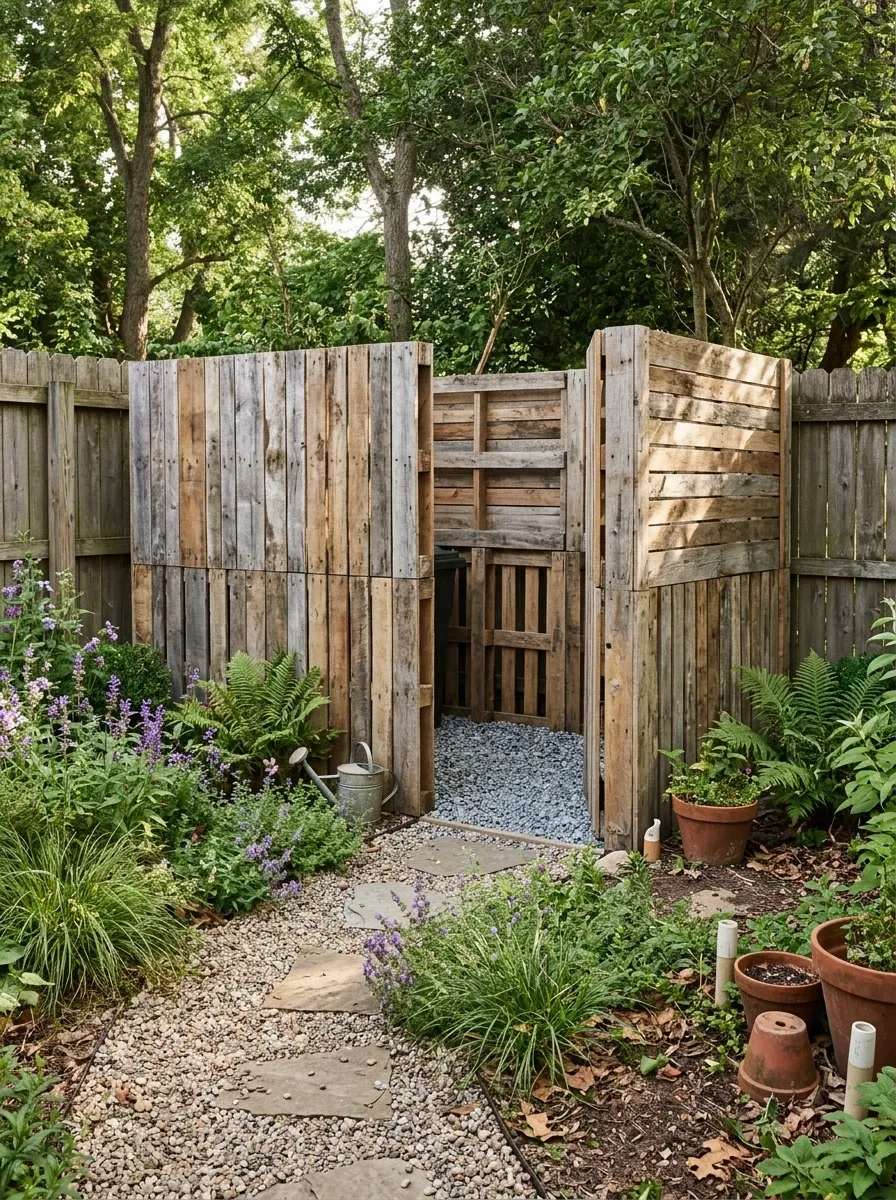 Garden Utility Corner With a Pallet-Clad Bin Screen