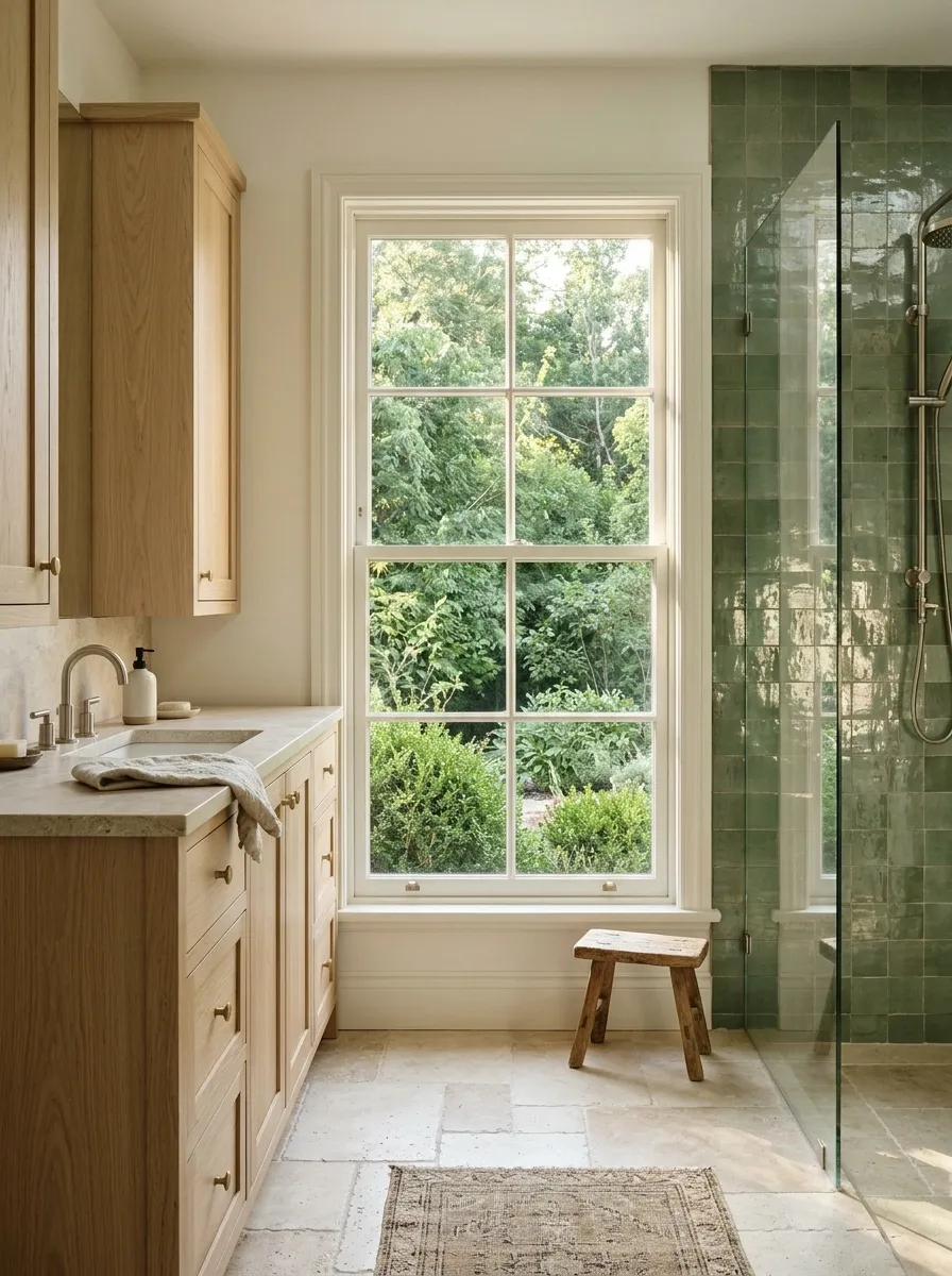Garden-View Country Bathroom With Green Tile and Natural Light