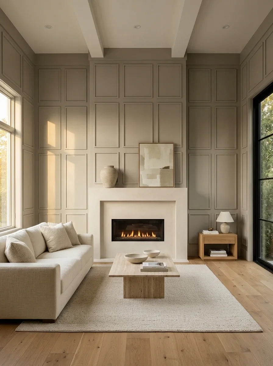 Geometric Panel Grid Around a Fireplace