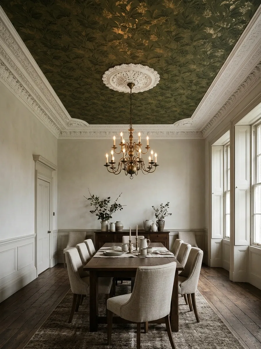 Gilded Botanical Ceiling in a Restored Period Dining Room