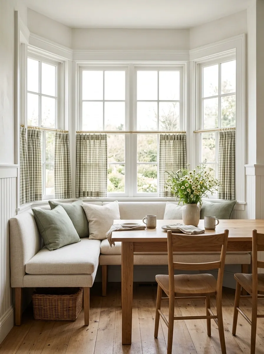 Gingham Café Curtains With a Built-In Breakfast Banquette