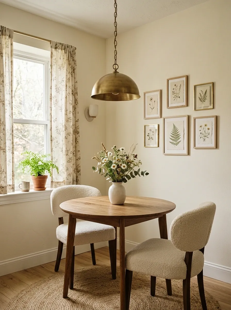 Girly Apartment Dining Nook With Round Table and Vintage Pendant