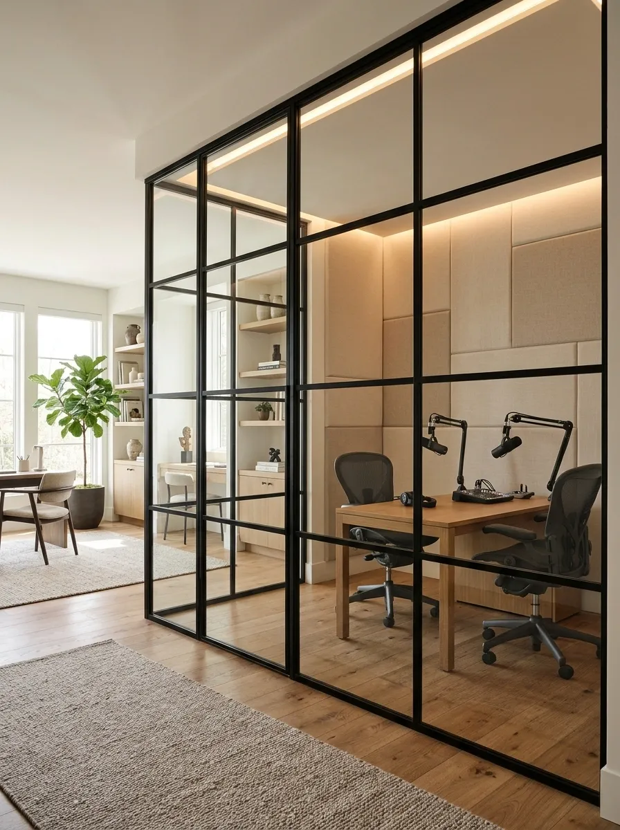 Glass-Partition Podcast Room Inside a Home Office