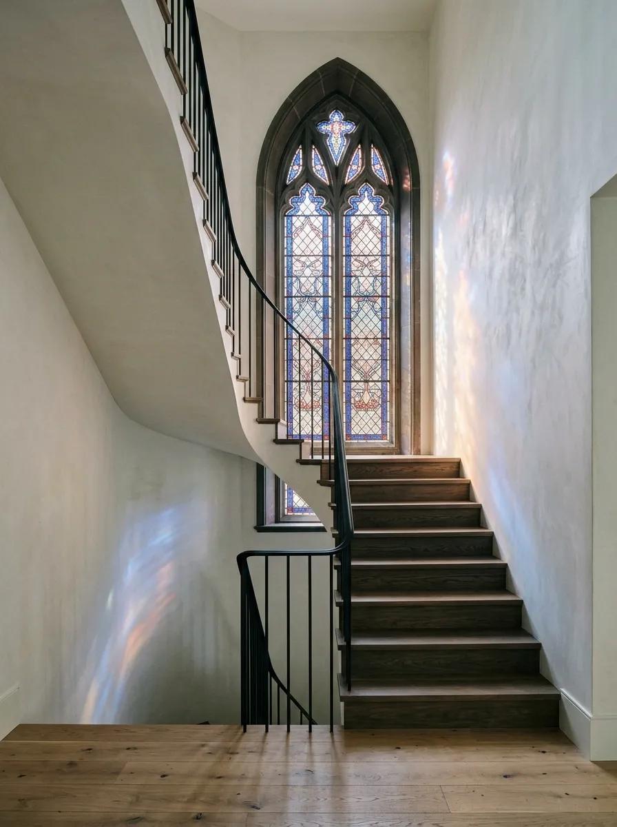 Gothic Arch Window Above a Sculptural Staircase